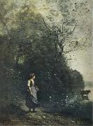 Landscape with a peasant Girl grazing a Cow at the Edge of a Forest, Jean Baptiste Camille  Corot